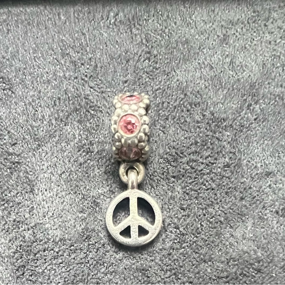 Authentic Pandora Silver and Pink Peace Sign Flower Power Dangle Charm